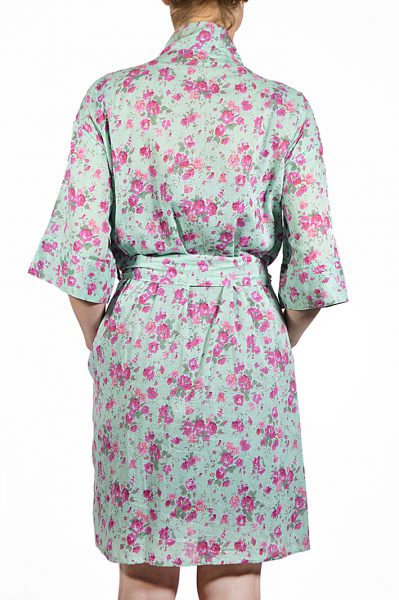 Short kimono style dressing gown in Rambling Rose Sea Green-Back