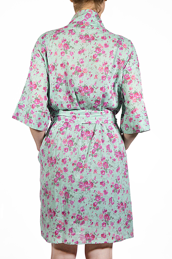 Short kimono style dressing gown in Rambling Rose Sea Green-Back