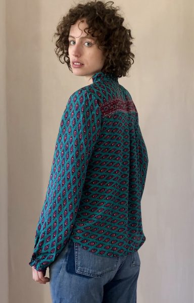 Ruffle neck Blouse in Turquoise bindi - back