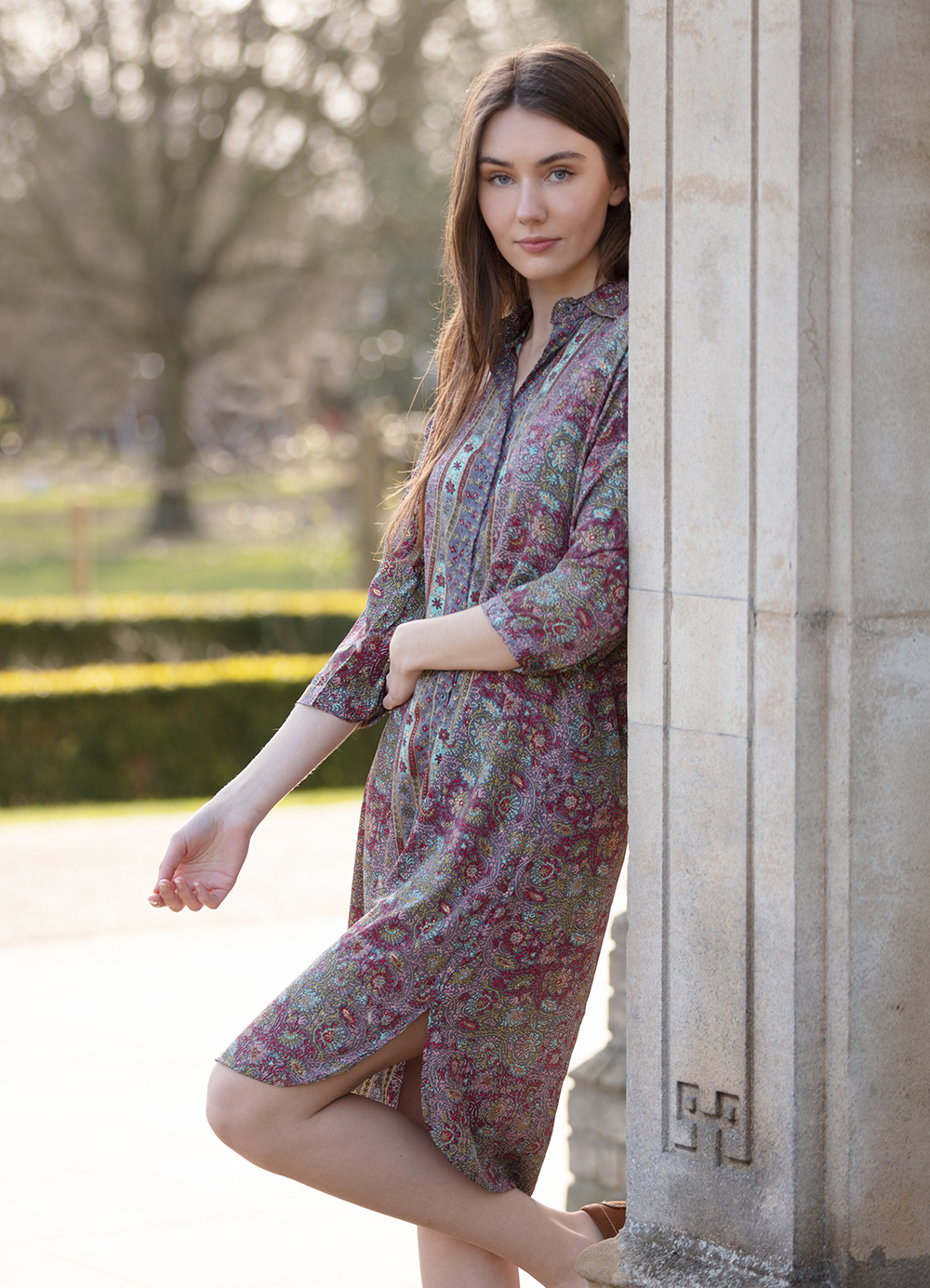 Shirt dress Gold flower maroon