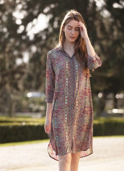 Shirt dress Gold flower maroon
