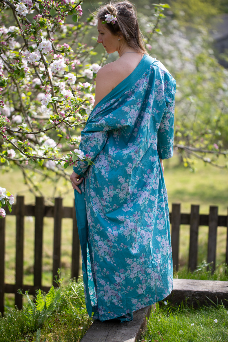 long cotton kimono in vintage rose pacific blue back view