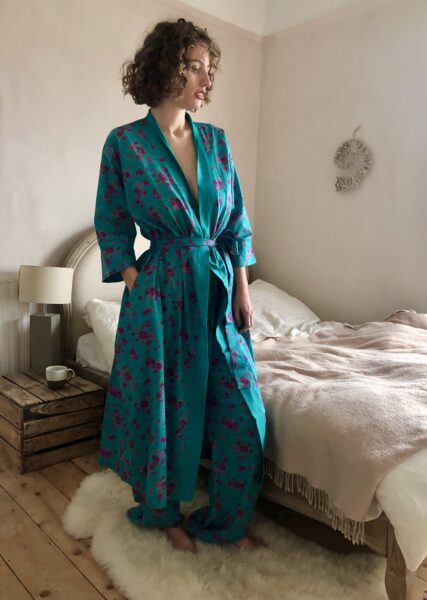 Cotton kimono and PJ bottoms in Rambling Rose deep turquoise 2