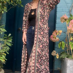 Long kimono dust coat Ebony rose with gold