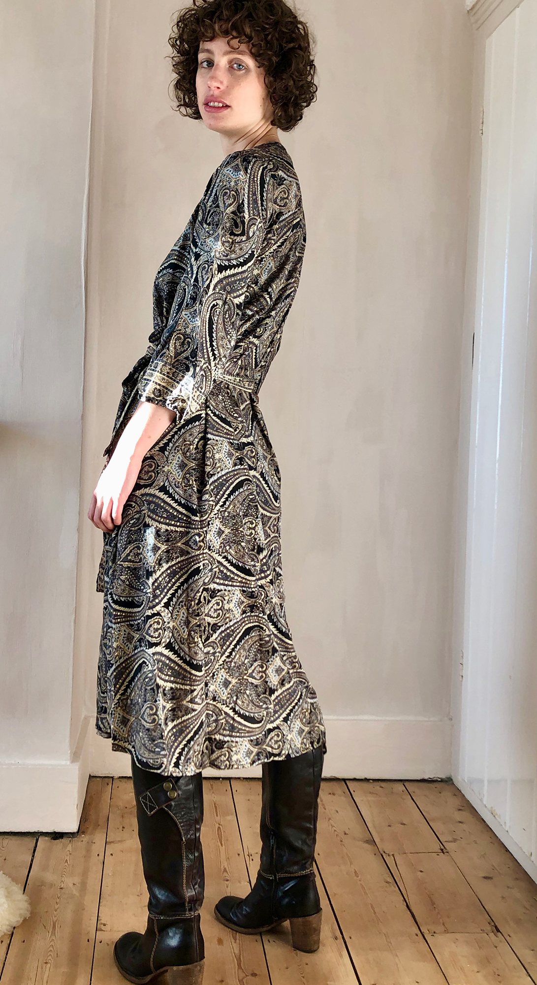 Swingy Shirt Dress in Black Swirl with Gold Swingy Shirt Dress in Black Swirl with Gold