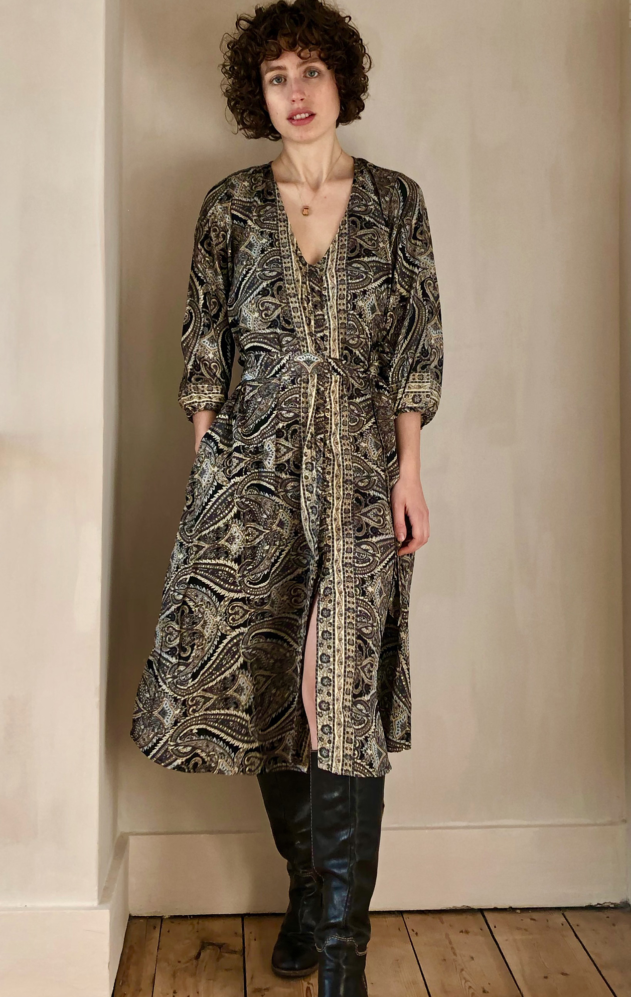 Swingy Shirt Dress in Black Swirl with Gold Swingy Shirt Dress in Black Swirl with Gold