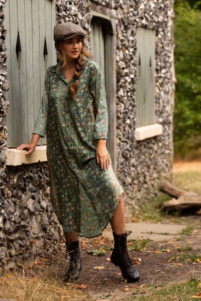 Long Shirt Dress in Meadow Green with gold-2