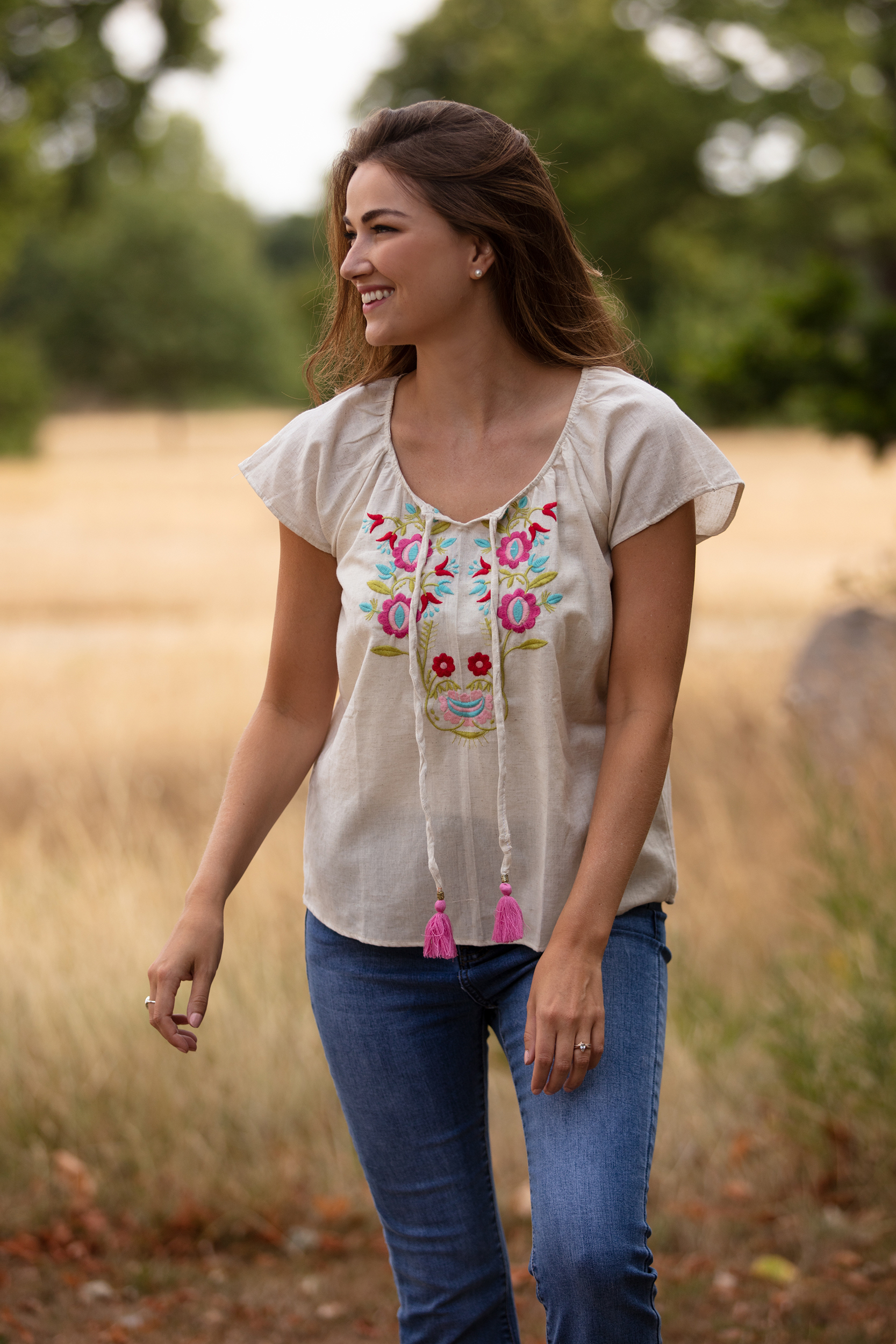 Short Sleeve Embroidery Top in Cream with multi embroidery & pink pompom 2