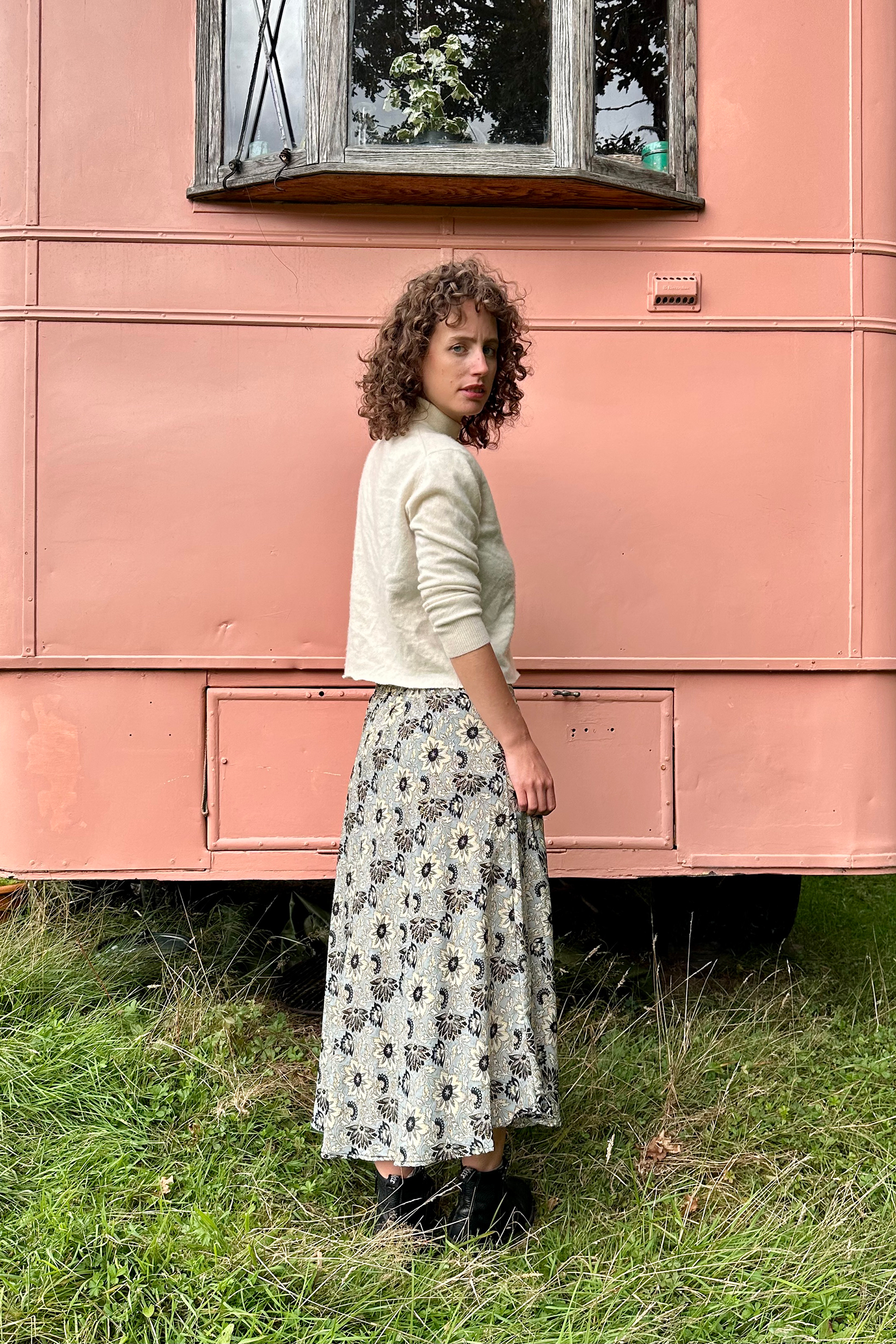 Bias midi skirt in Starflower Gold 2