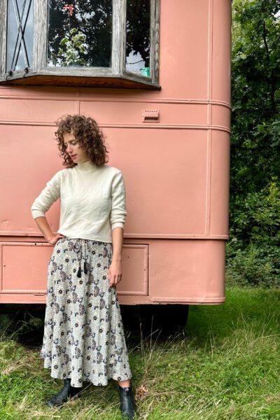 Bias midi skirt in Starflower Gold 3