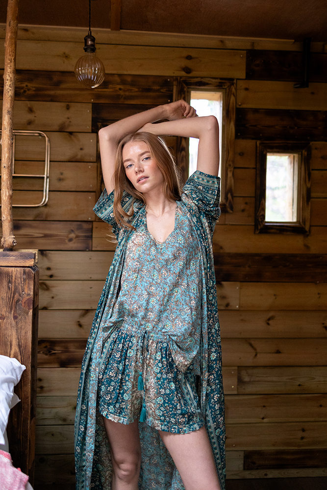 Kimono, Cami & Shorts Set in Meadow Green Gold Modal