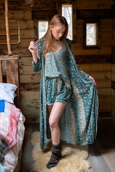 Kimono, Cami & Shorts Set in Meadow Green Gold Modal